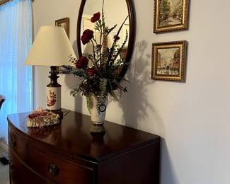 Serpentine chest, mirror, framed Italian tile art, lamp, accessories 