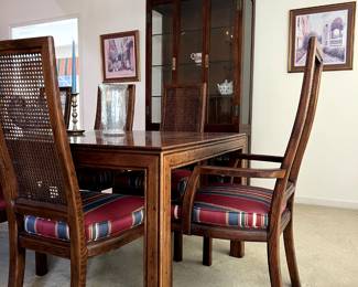 Henredon Burl Wood Parsons Table, 8 Cane Chairs 