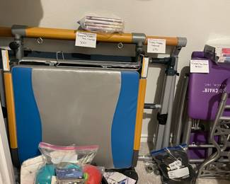 Pilates bars, chairs, steppers, vibration machines, ionic foot soak, Exercise blocks and balls, supplements, DVDs, supplies