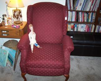 BURGUNDY RECLINING WING CHAIR & DOLL