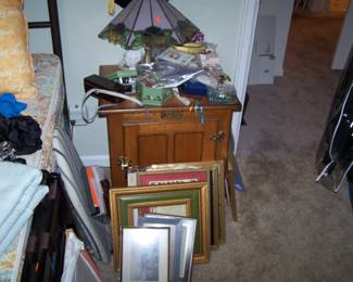 FRAMES, LEADED LAMP & OAK ICE BOX REPLICA