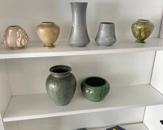 Art pottery, top and bottom shelf signed as shown in next photo