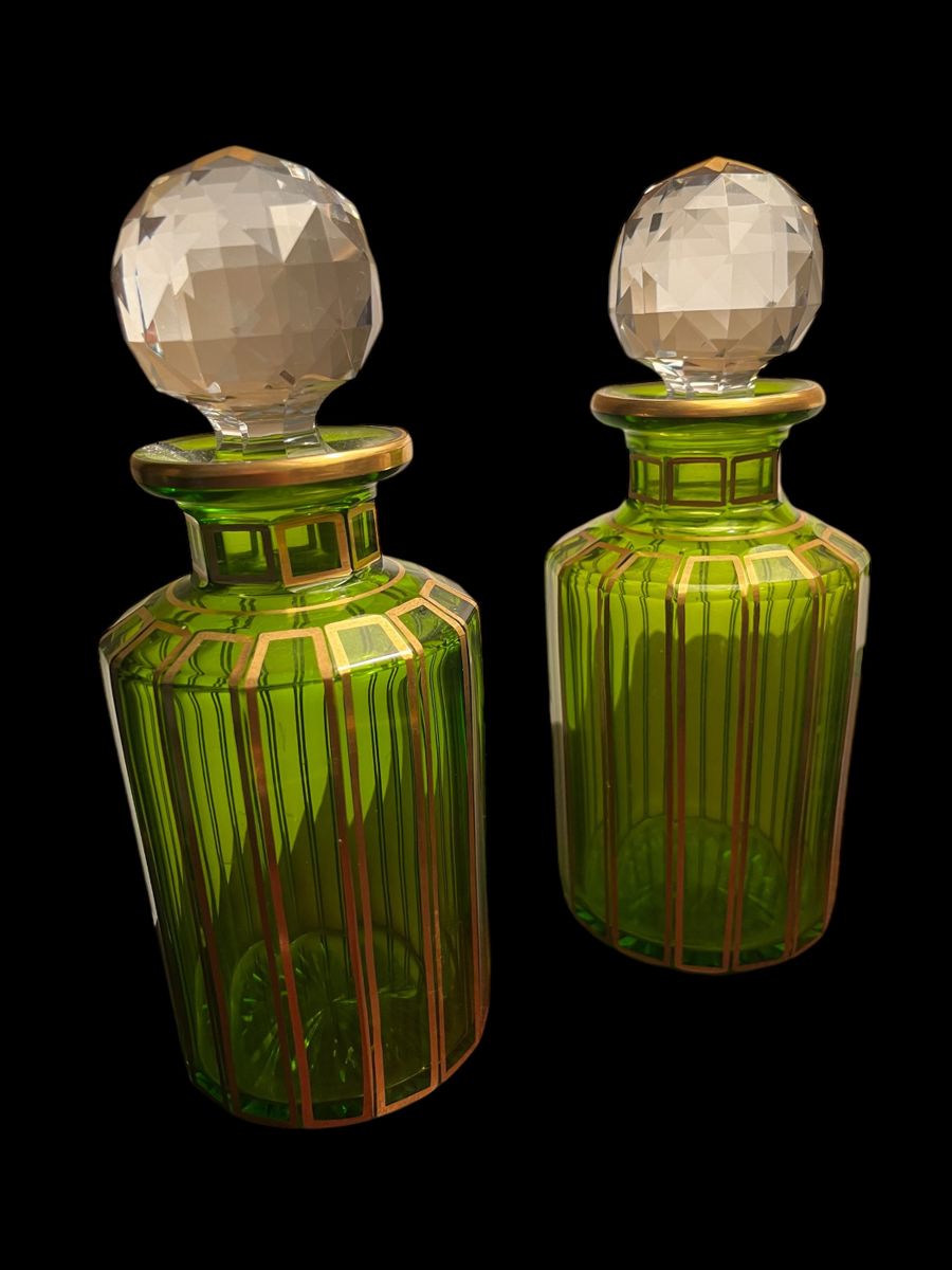 Fabulous Pair of Baccarat Crystal Green and Gold Decanters 