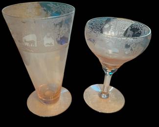 Pink depression glass by Tiffin glass company, Deerwood pattern
We have 9 of the smaller size and 8 of the tall.