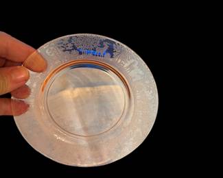 Pink depression glass by Tiffin glass company, Deerwood pattern
We have eight bread plates