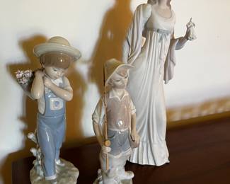 Lladro Dainty Lady, Lladro Flower Harvest, Gone Fishing figurines in excellent condition