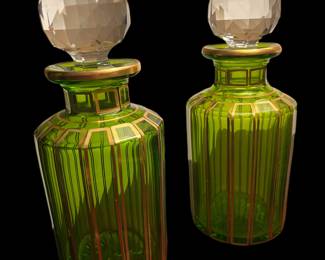 Fabulous Pair of Baccarat Crystal Green and Gold Decanters