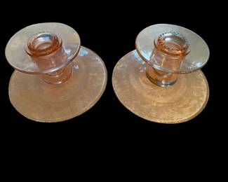 Pink depression glass by Tiffin glass company, Deerwood pattern
We have 2 sets of 2