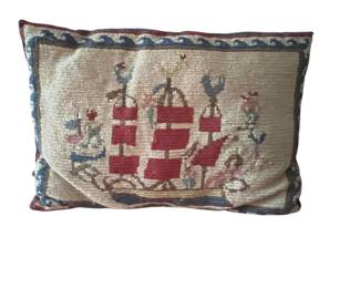 Vintage Needlepoint Ship Pillow