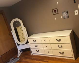 Wicker Cheval Floor Mirror (H 64.1/2in | D at base 20.1/2in), Wicker and Bamboo Style Dresser  (H 30.1/4in | W 62.5/8in D 17.3/4in)