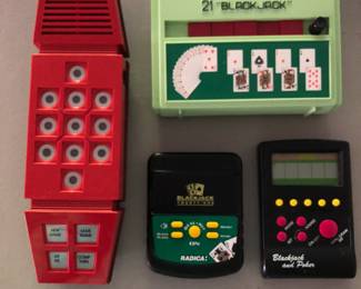 Vintage Electronic Handheld Games (Merlin Parker Brothers Game, 21 Blackjack Game, Radica Blackjack Game, Blackjack and Poker Game).