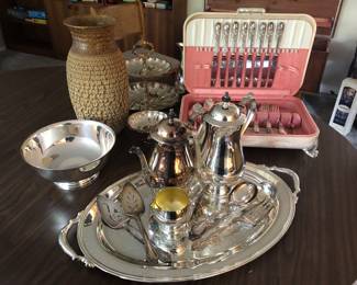 Silverplate:  White Orchid Community  Place Setting for 8. Oneida Tea Service. Misc Serving Flatware.