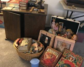 Large File Cabinet, Religious Material, Vintage Dolls and Accessories.