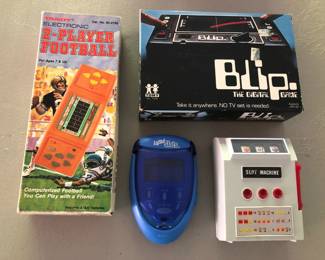 Vintage Handheld Electronic Games (Tandy 2 Player Football, TOMY Blip Digital Video Game, Mattel Lighted Slots, WACO Japan Slot Machine BlackJack Draw Poker).