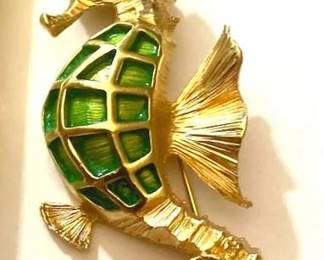 Gold Tone Seahorse Pin signed
