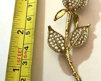 Gold Tone & Rhinestone Rose Pin
