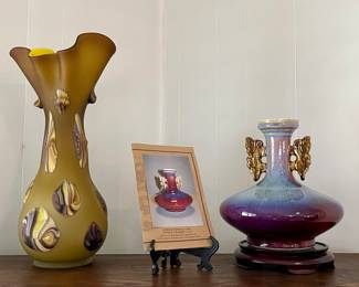 Hand-blown Ruffled with Slag Glass Vase Signed E Zareh, Yaobiah Vase with Double Handles