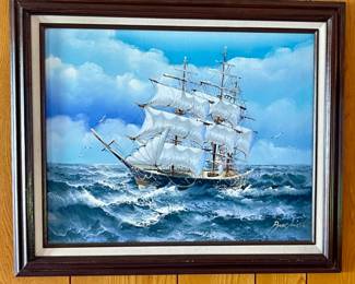 Framed Original Ship Painting Signed by Artist