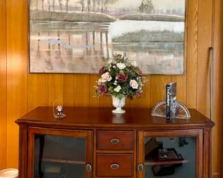 Media Cabinet, Crystal Bookends, MCM Framed Painting by Lee Reynolds