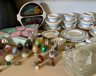 Stone Egg Collection, Wedgewood Queens Ware Tea Set, Stained Glass Trinket Box, Glass Snack Set
