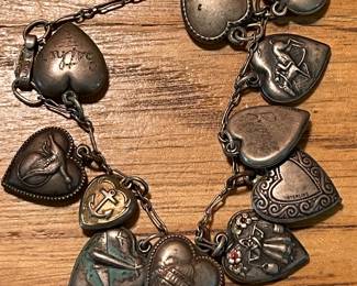 Vintage Puffy Heart Sterling Silver Charm Bracelet 