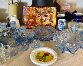Blue Crystal Candlesticks & Bowls, Owl Wall Art on Metal
