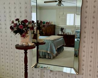 Large Hollywood Regency Glam Sculptural Mirror, Wood Pedestal Plant Stand