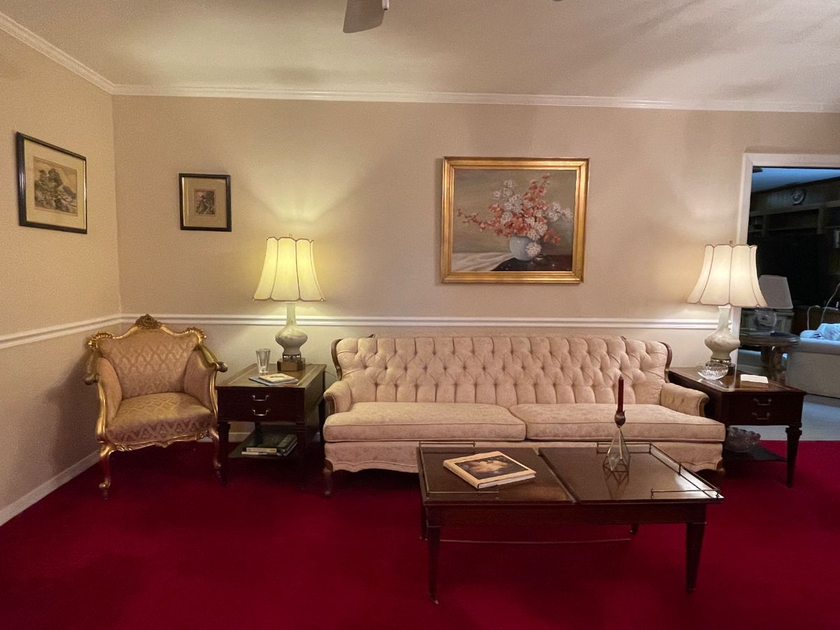 Lovely Tufted Sofa With Wood Frame, Gorgeous Rococo Style Chair, Wooden Coffee Table With Brass Accent & Marble Inset