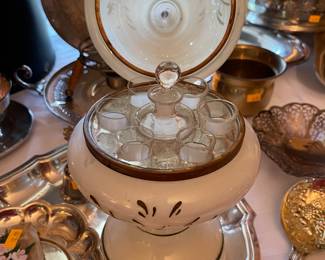 Antique Czech Hand Blown Painted Metal Tantalus Shot Set