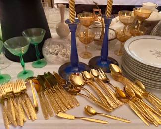Vintage Gold Flatware, Vintage Blue Glass Candlesticks