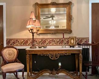 Vintage Louis XIV Style Marble-top Console Table, Antique Rocker with Needlepoint Seat/Back, Beveled Mirror