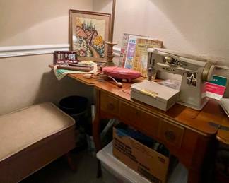 Vintage Singer Model 500-A Slant-O Matic Sewing Machine, Sewing Bench, Sewing Notions