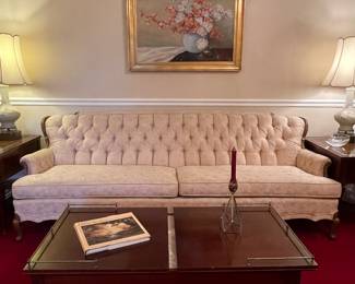 Beautiful Tufted Sofa With Wood Frame, Vintage Coffee Table With Brass Accents & Sliding Top With Marble Inset