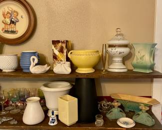 McCoy, Franciscan, MCM Roseville Futura Console Bowl with Flower Frog and Matching Candlesticks