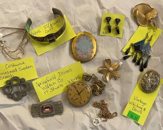 Vintage Tabra Sterling Silver Cuff with Stones, Illinois Watch Co Picket Watch-works, Whiting Davis, MCM Tennesmed Sweden Brooch, 14k Rope Chain, 14k Brooch