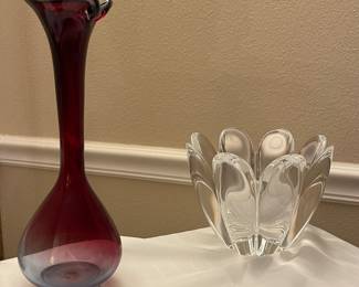Vintage Artglass, Orrefors Crystal Mayflower Bowl, Nils Landberg for Orrefors Sweden Long Necked Vase In Red & Blue
