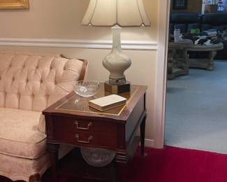 Another Lovely Vintage Leather Top Accent/Side Table , Frosted White Glass & Etched Gold Lamp with Brass Base