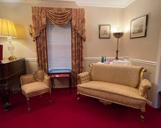 Antique French Rococo Settee With Tufted Arms, Custom Drapes