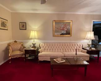 Lovely Tufted Sofa With Wood Frame, Gorgeous Rococo Style Chair, Wooden Coffee Table With Brass Accent & Marble Inset