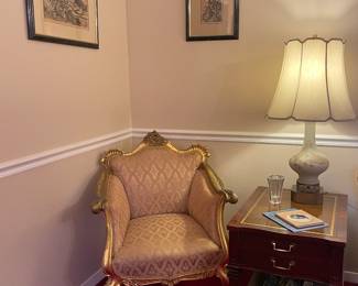 Gorgeous Rococo Style Chair, Vintage Leather Top Accent Table, Frosted White Etched Gold Lamp With Brass Base