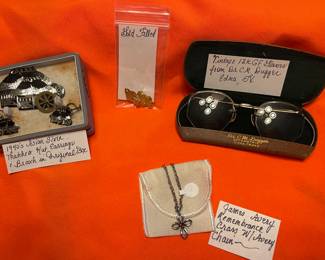 1940’s Silver Asian Thatched Hut Brooch & Earrings, James Avery Remembrance Cross on Chain, Antique 12k Gold Filled Dr C M Dugger-Edna, Tx Glasses