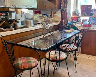 Vintage Wrought Iron with Glass-top Table and 4 Chairs