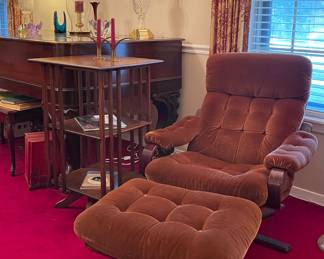 Vintage Swedish MCM Chair With Ottoman, Revolving Bookshelf, Swedish Brass MCM Candlesticks