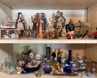 British Figurines, Vintage Blue Glass Dishes, Limited Edition Numbered M E Duncan History of Santa  Figurines Odin and St. Lucia, Duncan Raoyale Pewter History of Santa Figurines, Three Kings Figurine