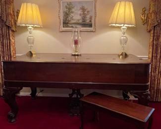 Antique Decker Square Rococo Style Grand Piano, Crystal Lamps, Original Painting by Regozzi 