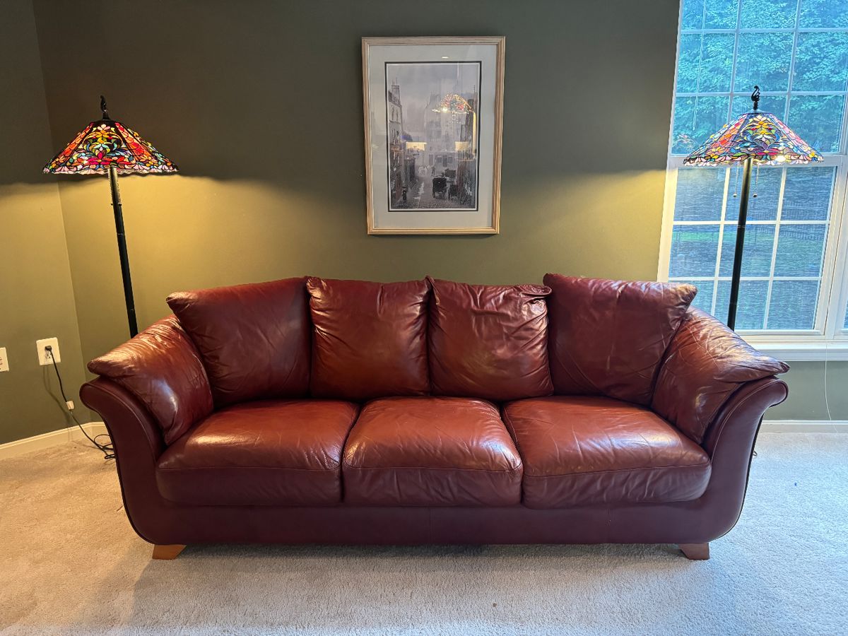 Large Cherry Leather 3 Seat Cushion Sofa (40"D x 92"W x 28" Back Height)