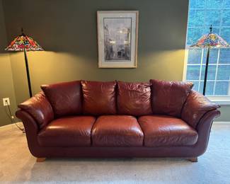 Large Cherry Leather 3 Seat Cushion Sofa (40"D x 92"W x 28" Back Height)