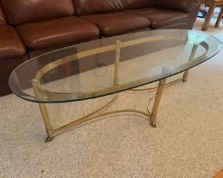 LaBarge Brass Base with Glass Top Oval Coffee Table (23"W x 55"L x 16.5"H)