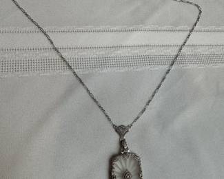 14K White Gold Necklace with 14K Gold Camfore Glass Diamond Pendant