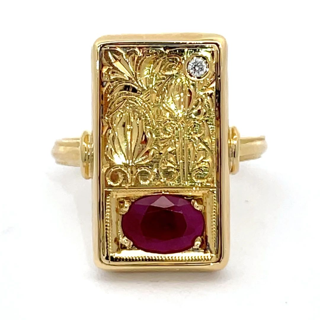 Made in Athens! Handcrafted Designer Athena Gaia Ruby & Diamond Anthemion Long Ring in 18k Yellow Gold